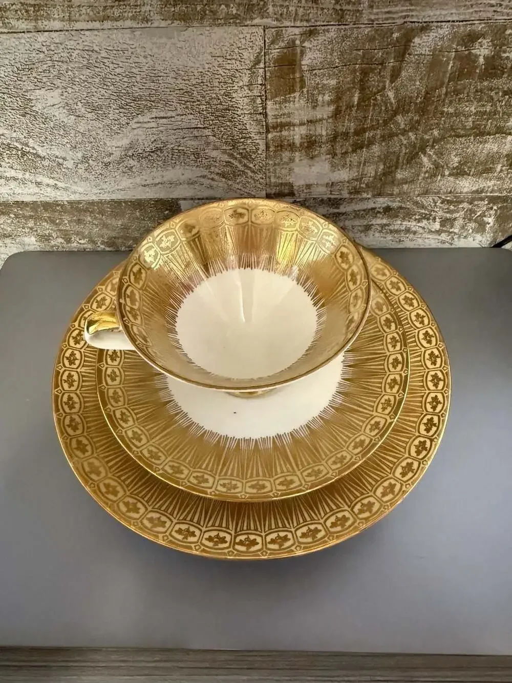 Vintage Mitterteich Bavaria Gold Chintz Footed Teacup Saucer and Plate Trio Set